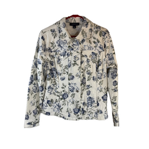 Charter Club Cotton Blend Blue Floral Button Front Long Sleeve Jacket SKU0137
